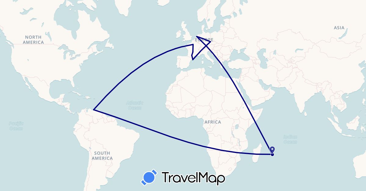 TravelMap itinerary: driving in Czech Republic, Germany, Spain, France, Mauritius, Netherlands, Venezuela (Africa, Europe, South America)
